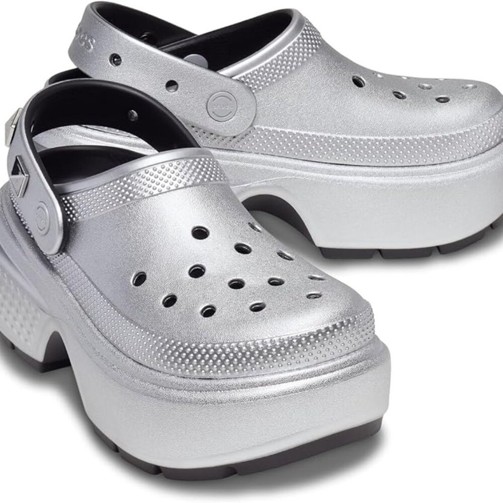 NEW. STOMP SILVER CLOGS